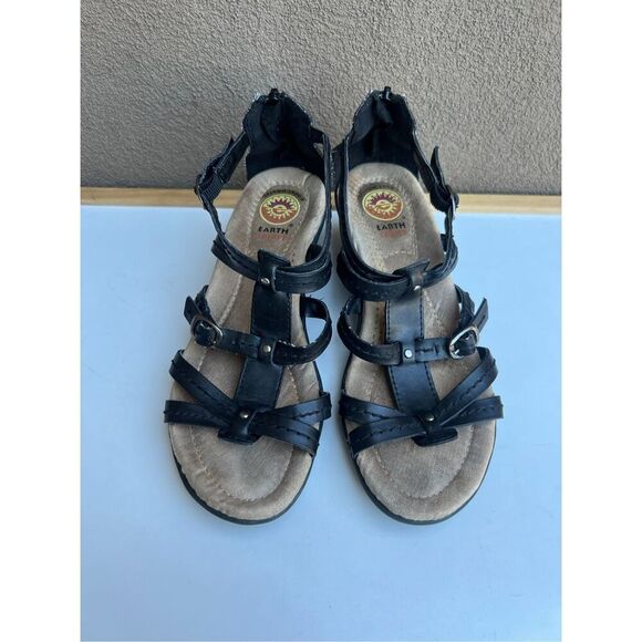 Earth Spirit Sandals Women Size 6 Black Leather Kelly Low Wedge Gladiator Strapp - Picture 9 of 10